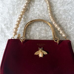 Gucci Beauty Red Velvet Mini Bag with Pearl Handle & Gold Bee Accent (GWP)